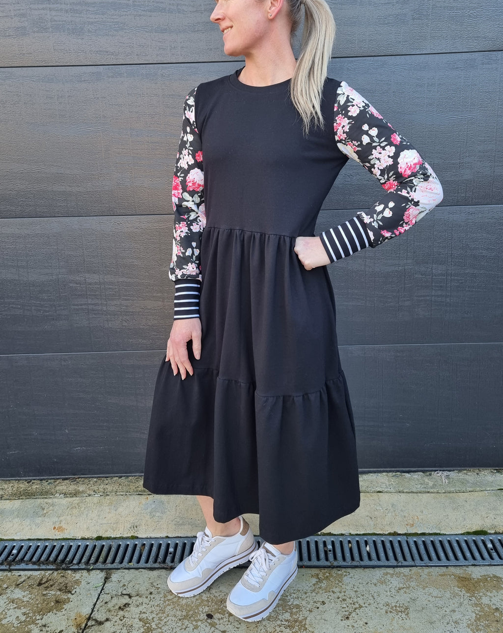 Tiered Midi Dress- black and rose floral