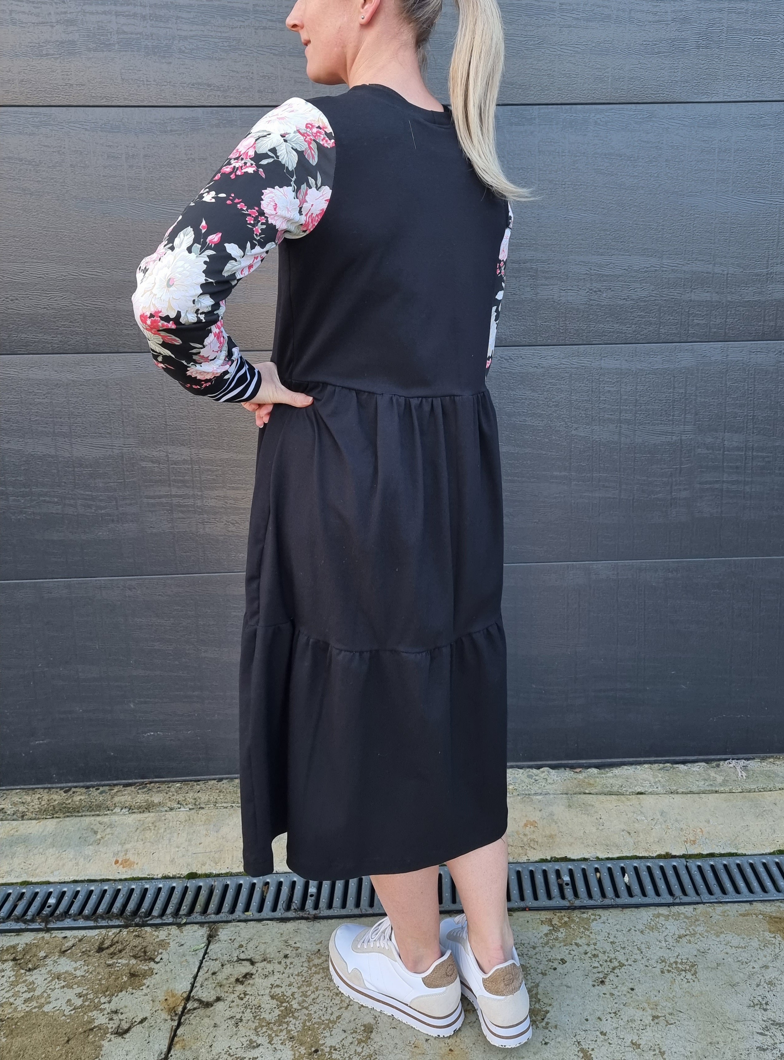 Tiered Midi Dress- black and rose floral