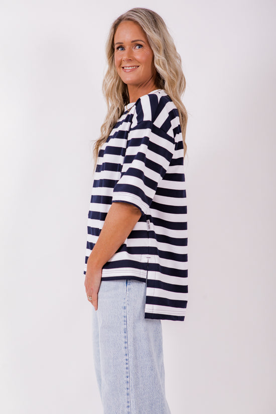 Weekender short sleeve sweat- Navy & white stripe