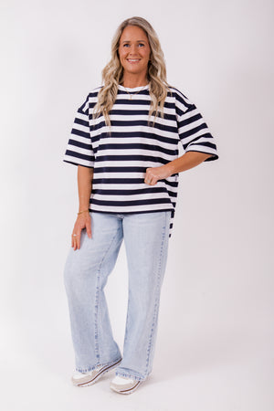Weekender short sleeve sweat- Navy & white stripe