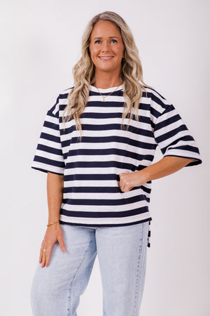 Weekender short sleeve sweat- Navy & white stripe
