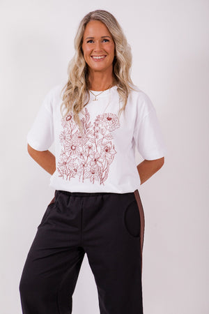 Boxy Tee - White/Chocolate line floral