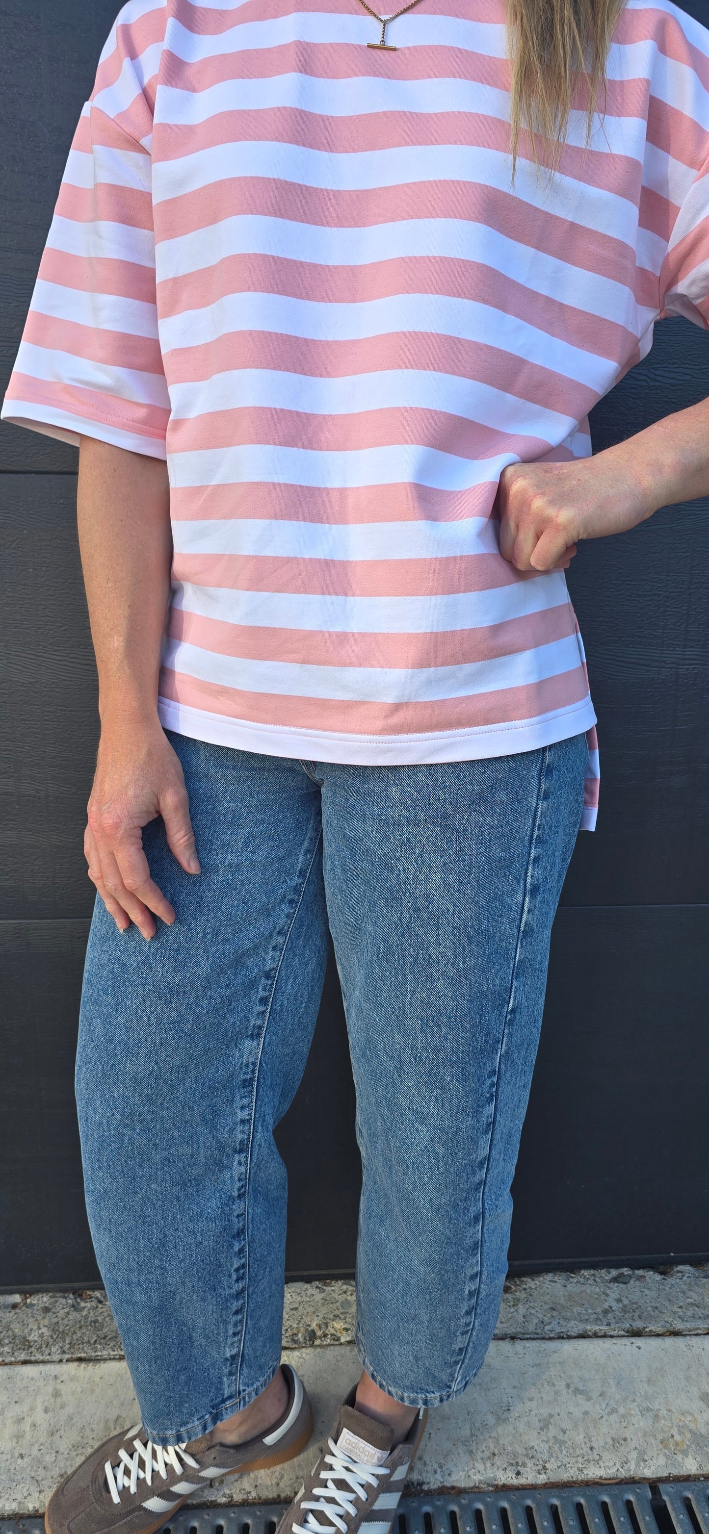 Weekender short sleeve sweat- pink & white stripe