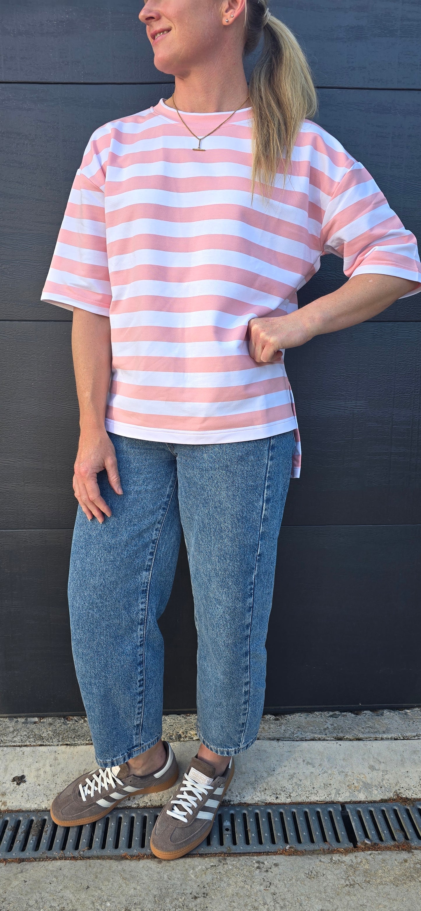 Weekender short sleeve sweat- pink & white stripe