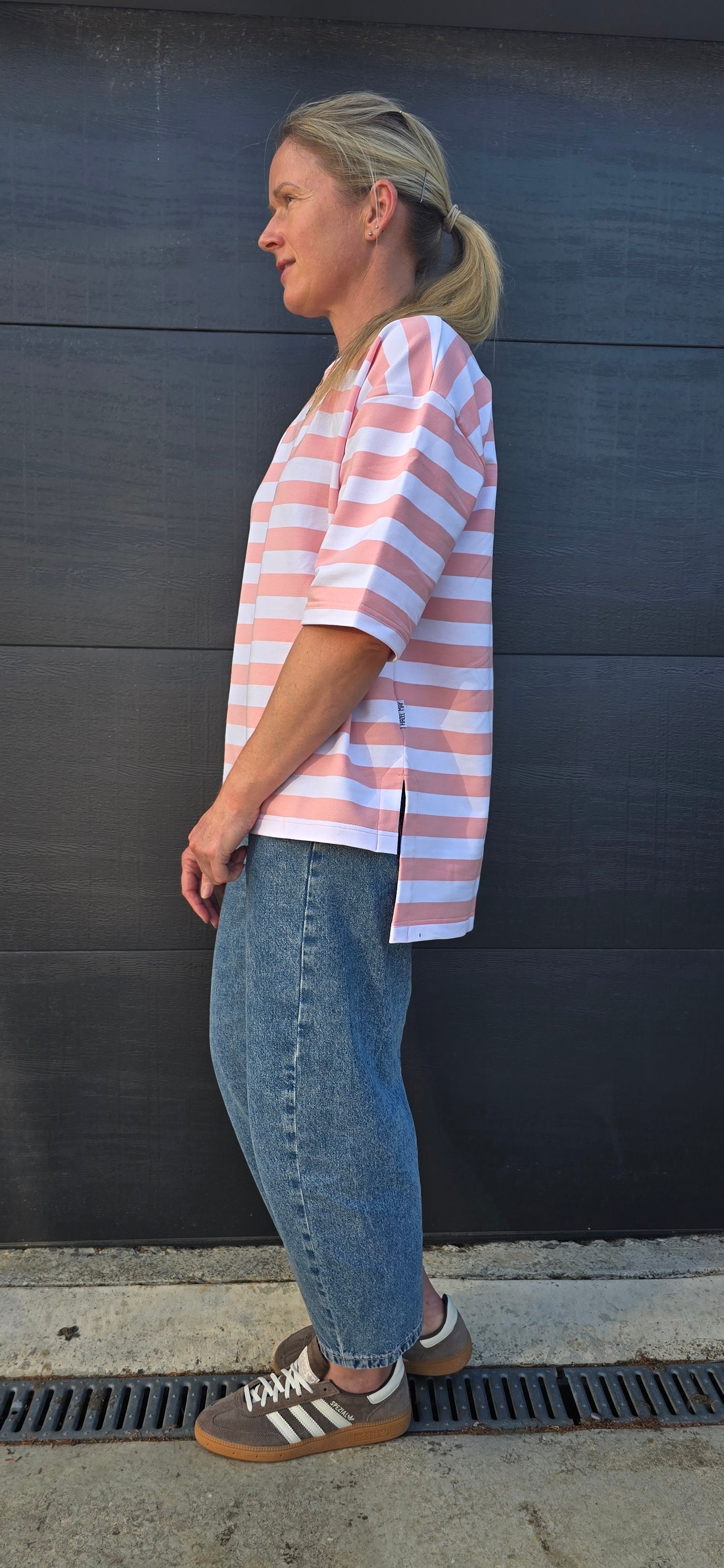Weekender short sleeve sweat- pink & white stripe