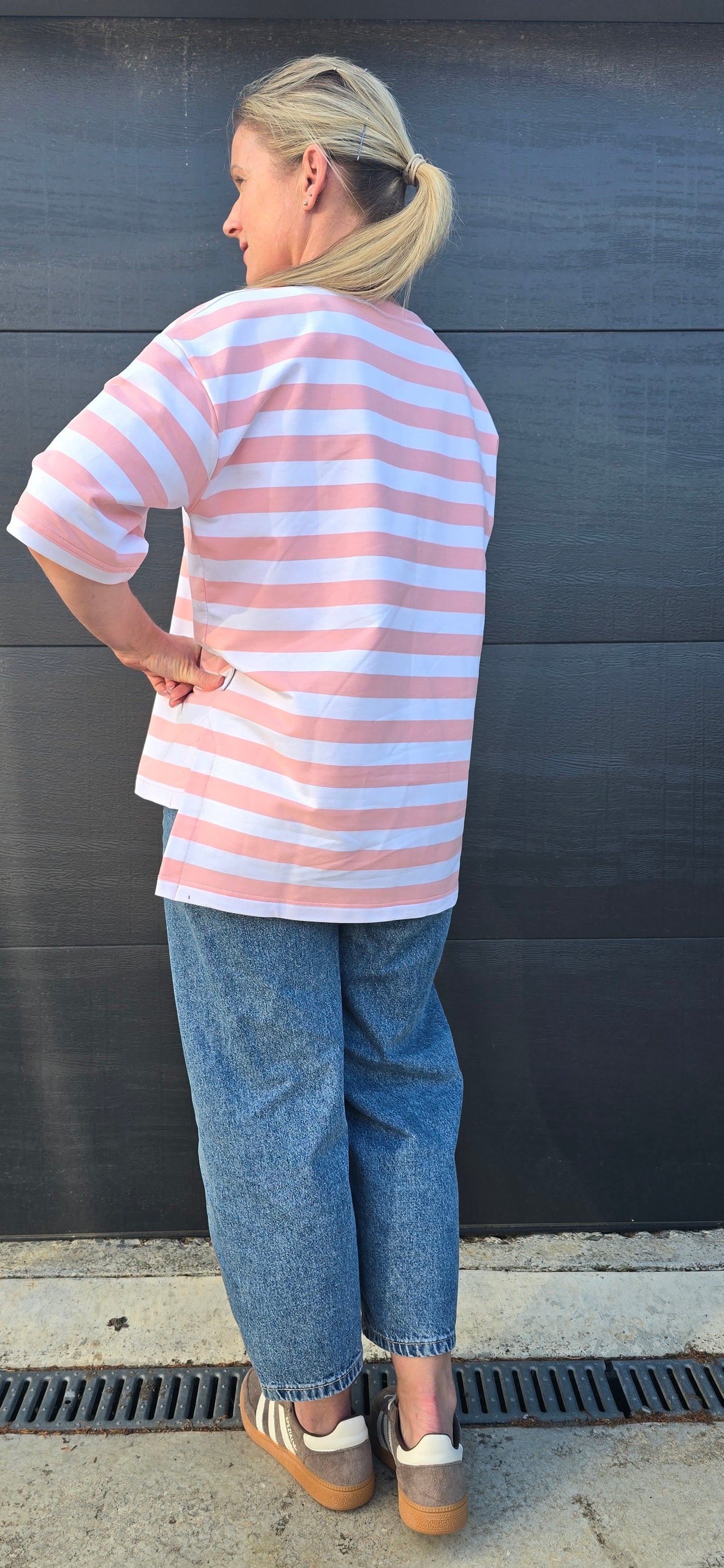 Weekender short sleeve sweat- pink & white stripe