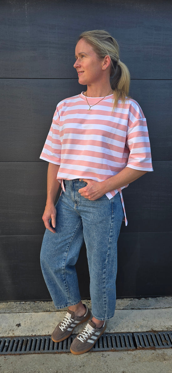 Weekender short sleeve sweat- pink & white stripe