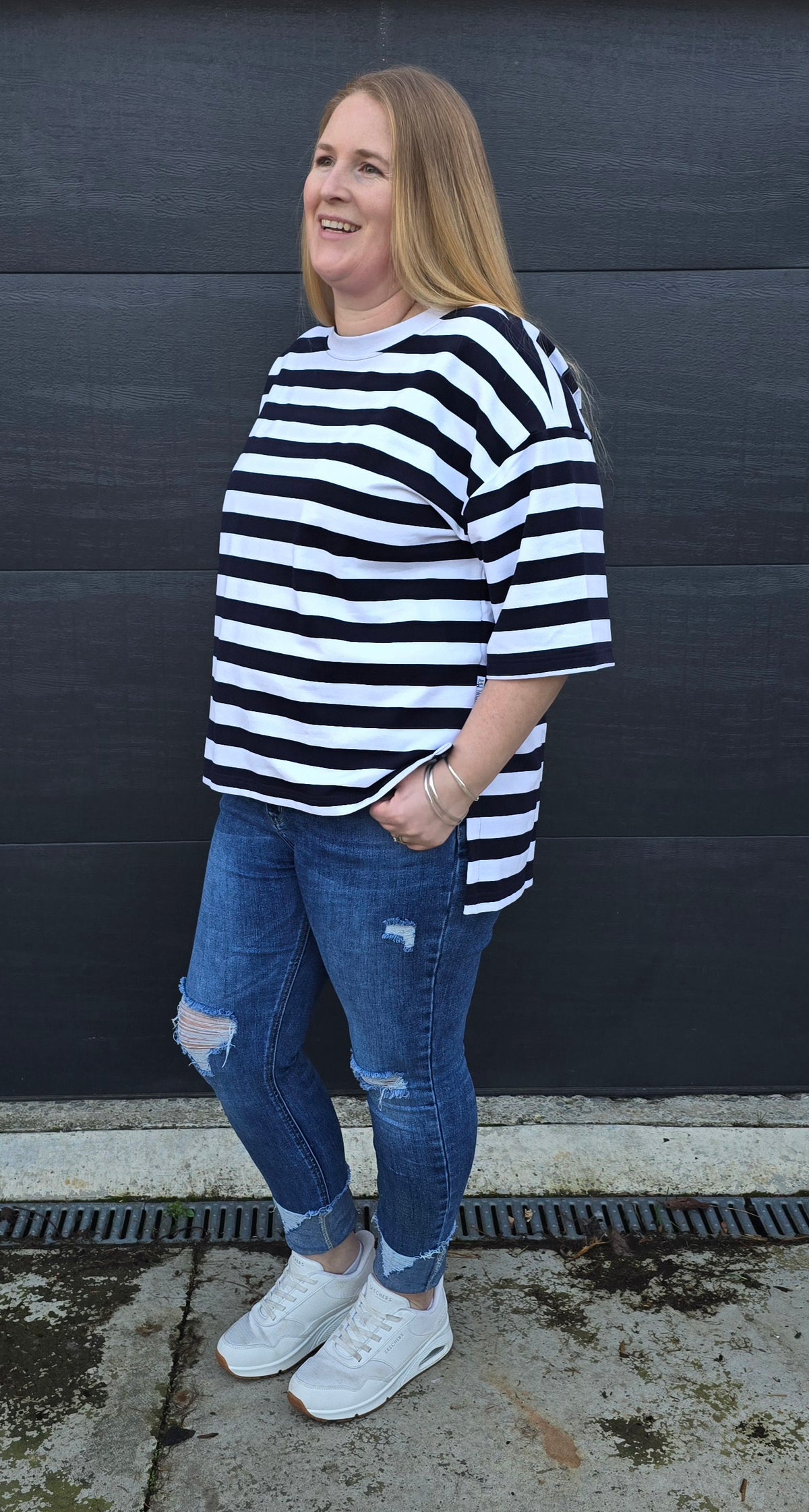 Weekender short sleeve sweat- Navy & white stripe