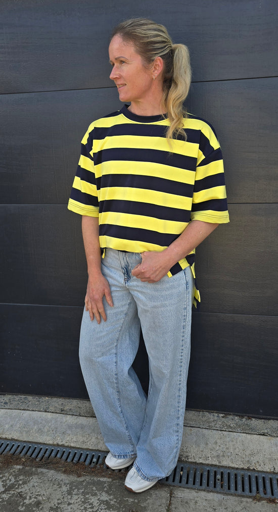 Weekender short sleeve sweat- Navy & lemon stripe