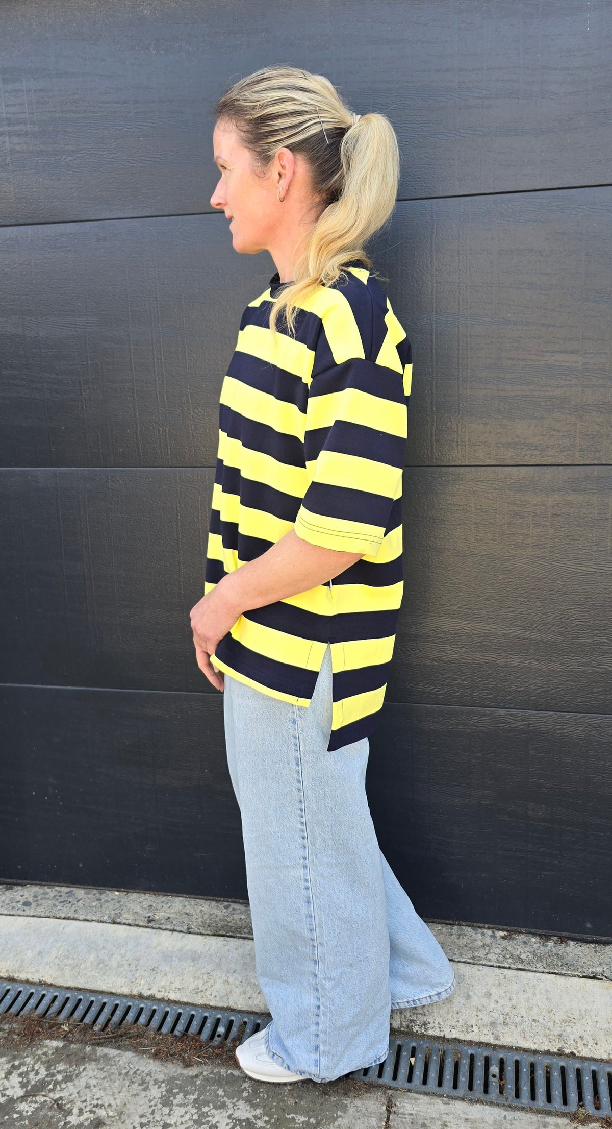 Weekender short sleeve sweat- Navy & lemon stripe