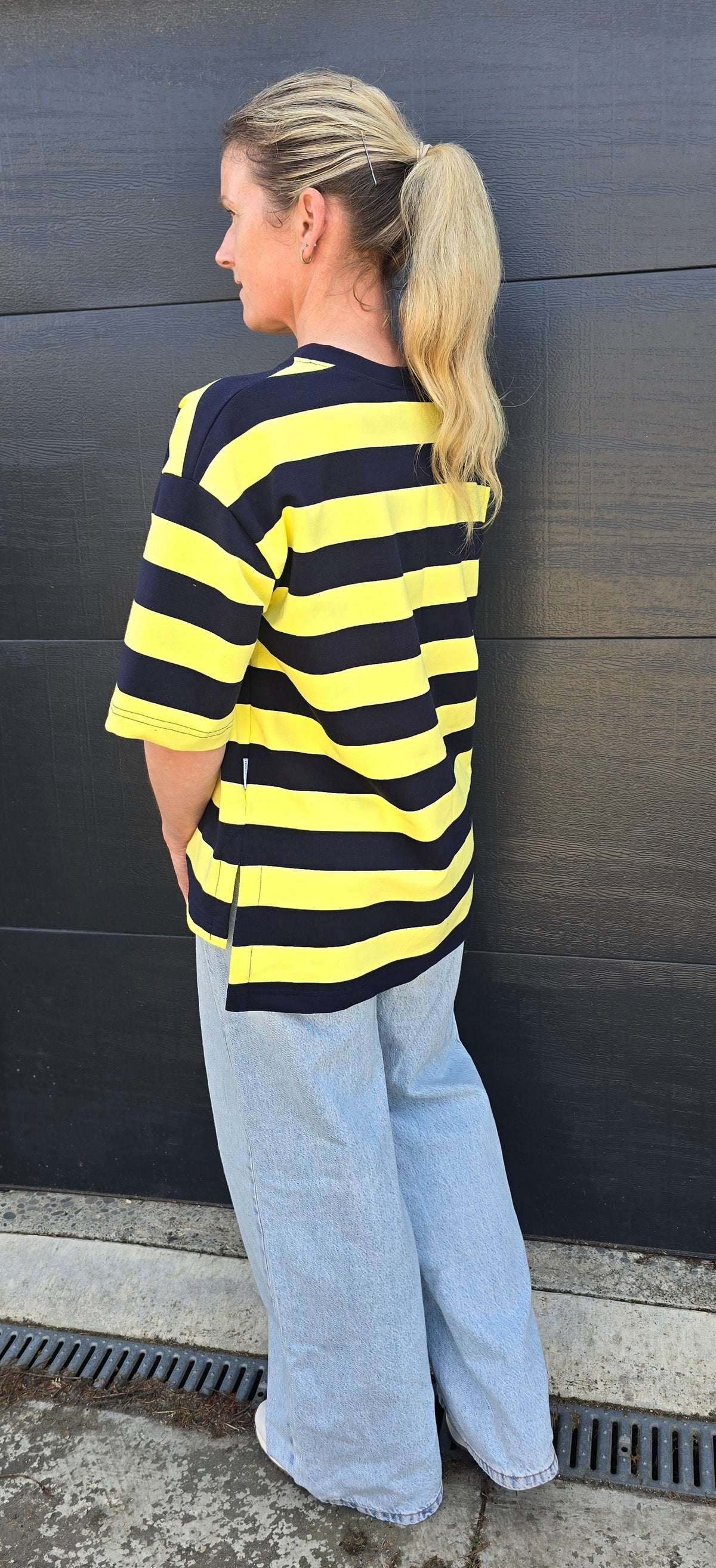 Weekender short sleeve sweat- Navy & lemon stripe