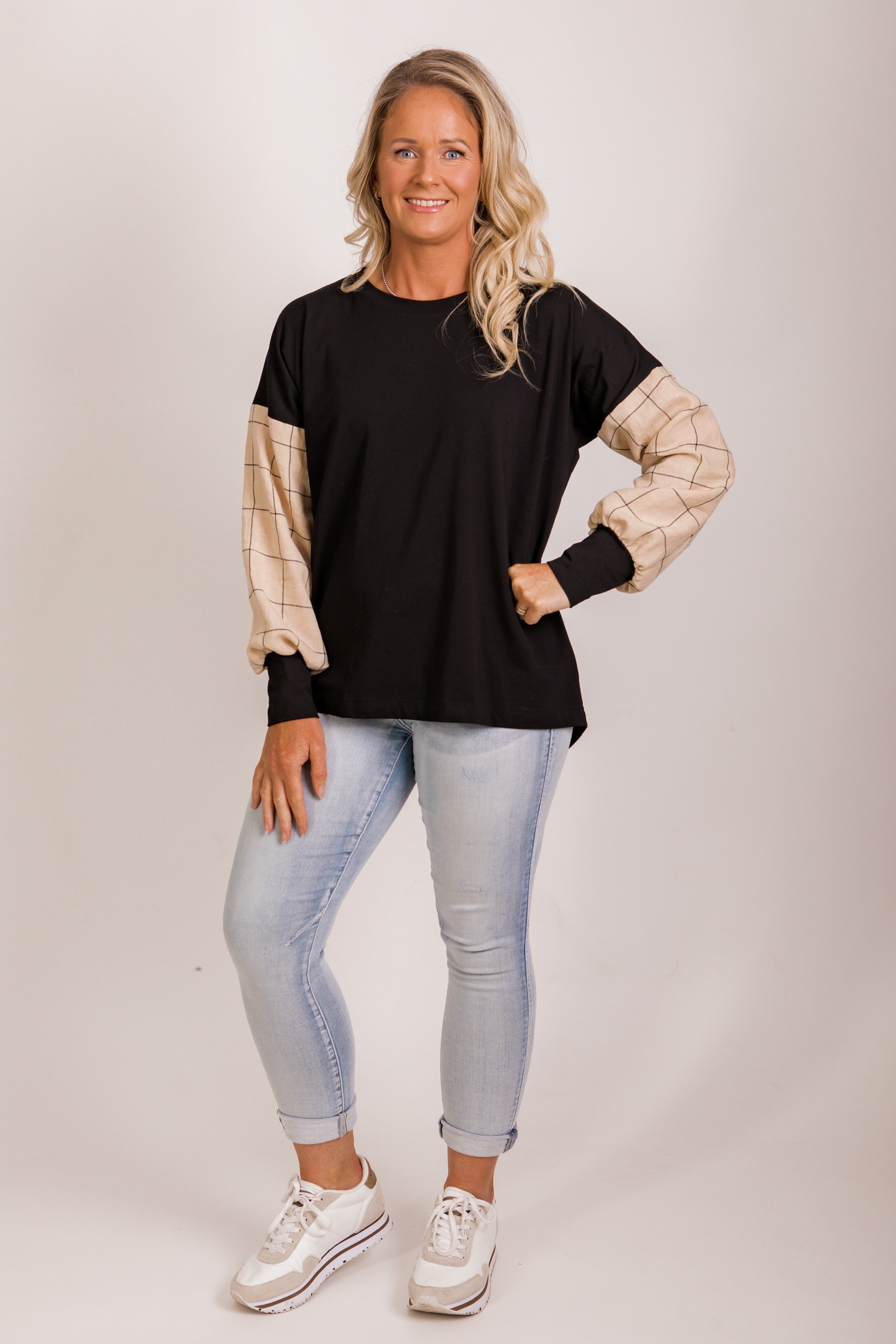 Taylor Top - beige/pink/ black check