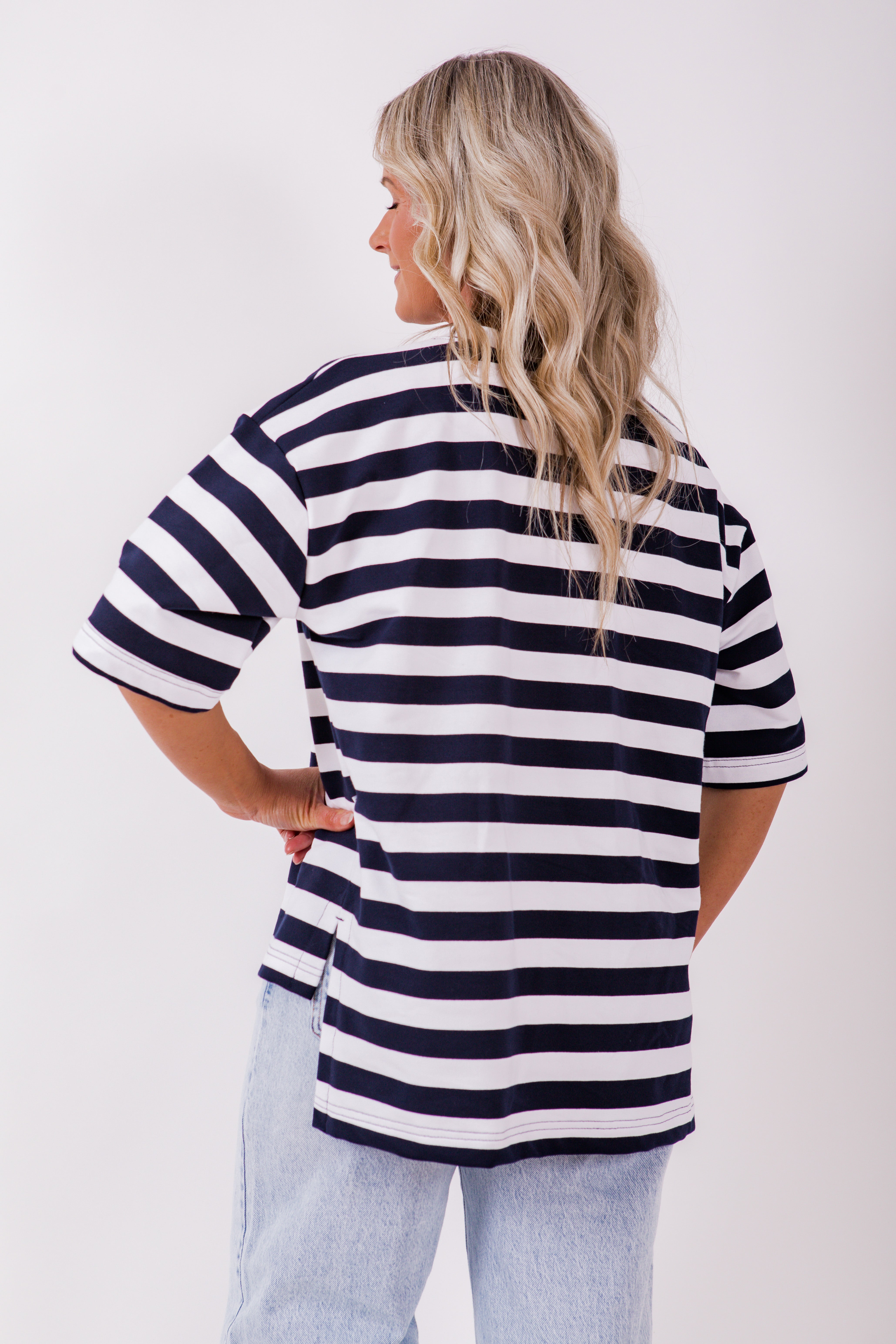 Weekender short sleeve sweat- Navy & white stripe