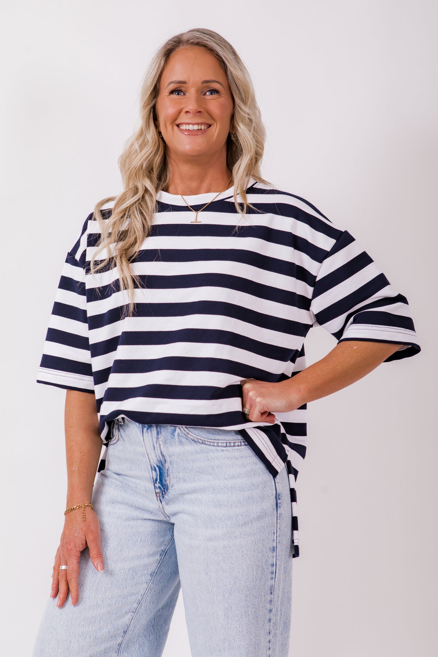 Weekender short sleeve sweat- Navy & white stripe