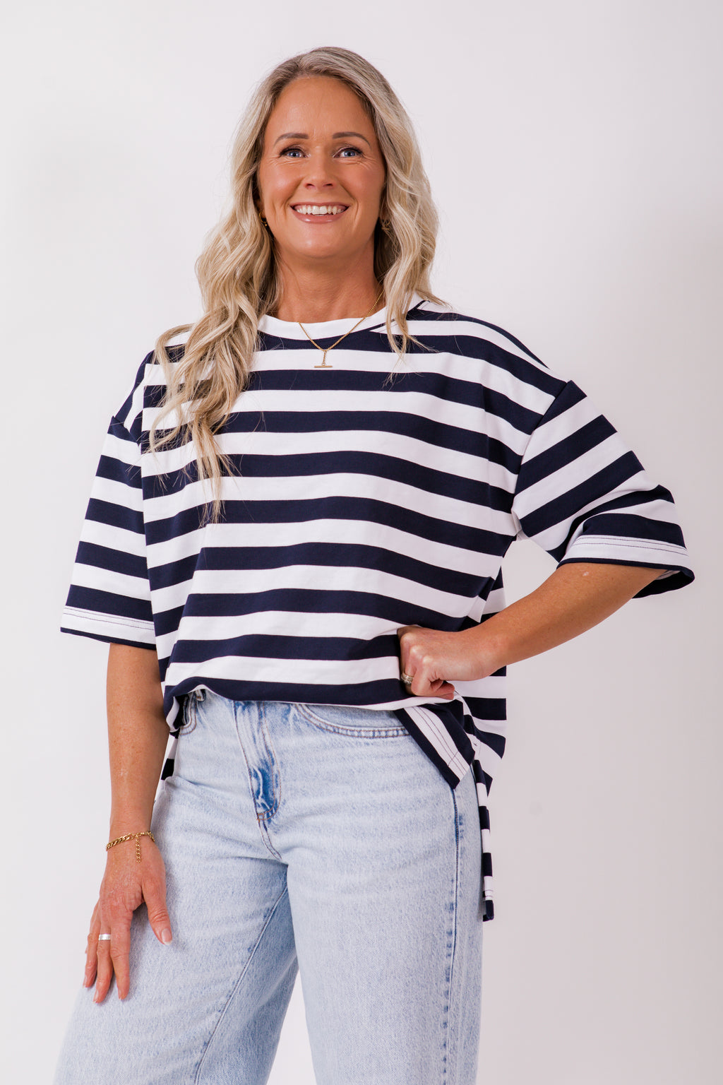 Weekender short sleeve sweat- Navy & white stripe