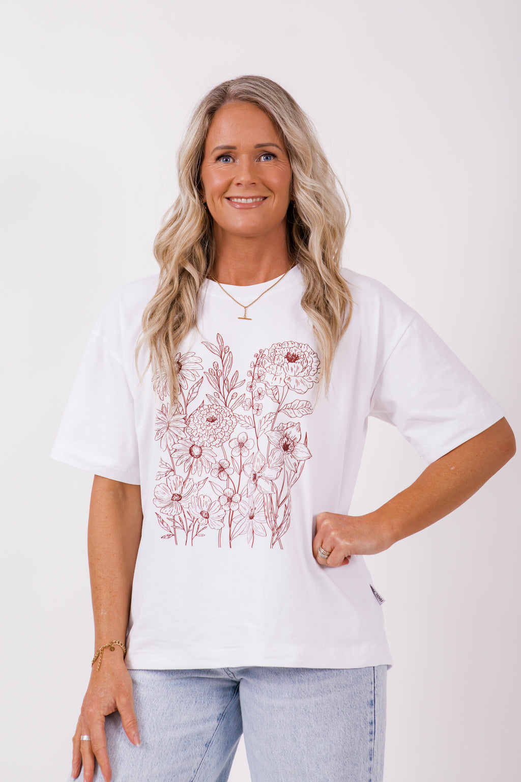 Boxy Tee - White/Chocolate line floral