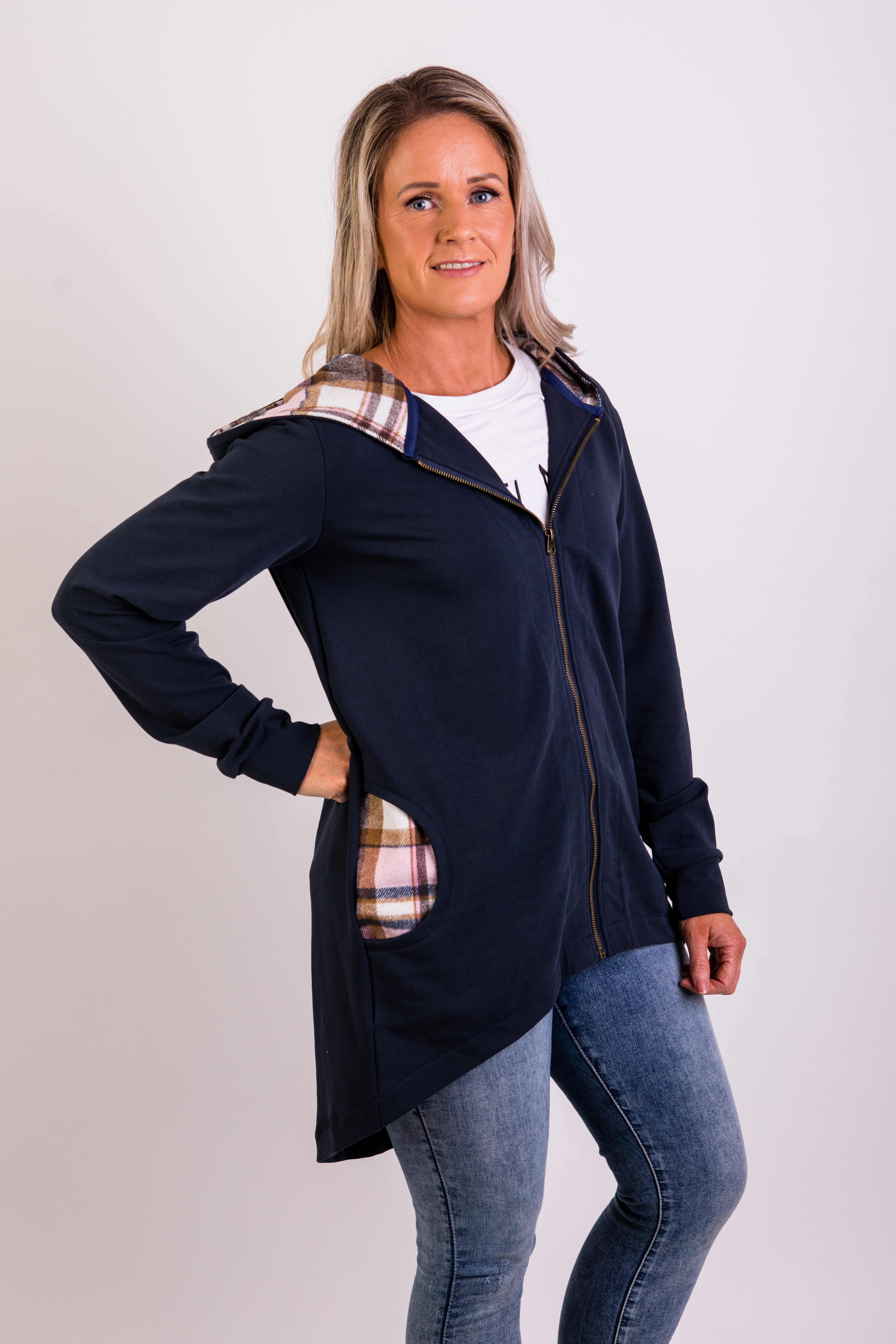 Navy and pink check zip cardi
