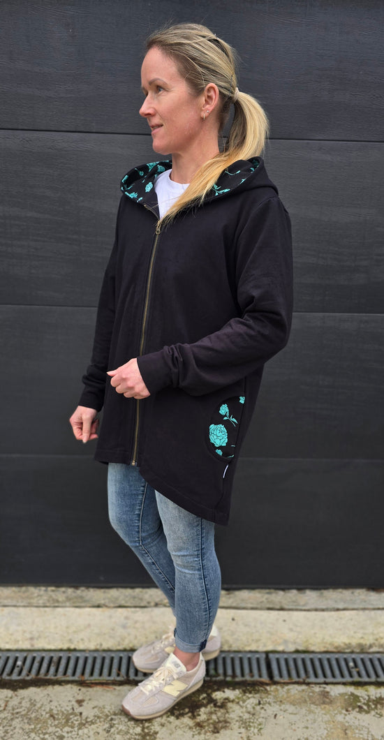 Black and Mint Peony zip cardi