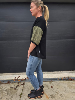 Peony Top- Black & khaki floral